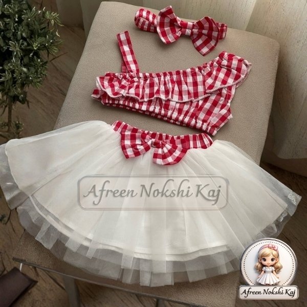 Stylish Red Checkered Net Dress